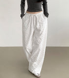 Fluffy Flower Embossed Banding Wide Pants