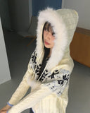 Leku Snowflake Nordic Cable Bell Fur Knit Zip-up
