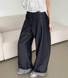 Raw back point button roll-up mega wide fit denim pants