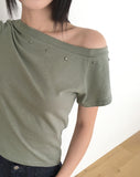 Sasha Stud Rivet Unbalanced Off-Shoulder Short Sleeve T-Shirt