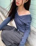 Hoobi Drape Shirring Lace Slim Fit Color Matching Long Sleeve T-shirt