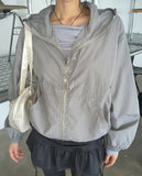 Ponel Grid Check Windbreaker Nylon Two-Way Hood Zip-Up