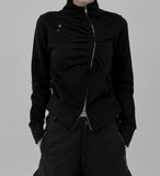 Curved shirring two-way zip-up