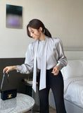 Huberin Satin Pintuck Ribbon Tie Blouse