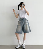 Back Pocket Washing Bermuda A-Line Knee Length Denim Shorts