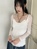 Petitron see-through ribbon strap long sleeve blouse