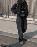 Rising black blue strap wide pants