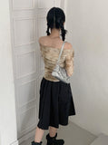 Lutz See-Through Tie-Dye Printing Shirring Mesh Long Sleeve Off-Shoulder T-Shirt