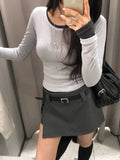 Oen Dot Slit Belt Mini Skirt