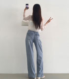 Summer Tencel Back Pocket Span Banding Wide Denim Pants