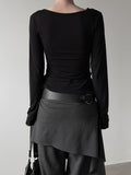 Wet Button Slit Zipper Long Sleeve Top