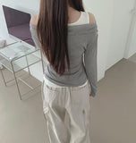 Drape Off-Shoulder Knit Layered Fake Layered T-shirt