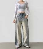 Side Pin Tuck Line Wide Fit Denim Pants