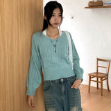 Haini ribbed V-neck semi-crop long-sleeve knit