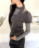[3SET] Woomin Lace Muffler Short Sleeve Cardigan Long Sleeve T-Shirt Set