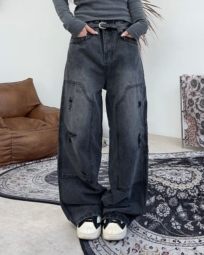 【SATIIIZ】Lepin double knee damage denim pants SATIIIZ (サティーズ) - レピンダブルニーダメージデニムパンツ