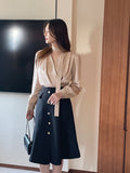 [Tie set] Repodi Satin Wrapped Shirred Blouse