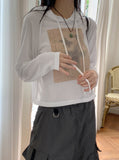 Tilla Linen See-through Color Matching Slim Long Sleeve Hood T-shirt