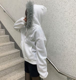 Brushed Two-Way Embroidered Lettering Loose Fit Fur Hood Zip-Up