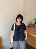 Hide Ribbon Puff Round Blouse