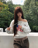 Burnoon American Flag Strap One Off Shoulder Long Sleeve Zip-up
