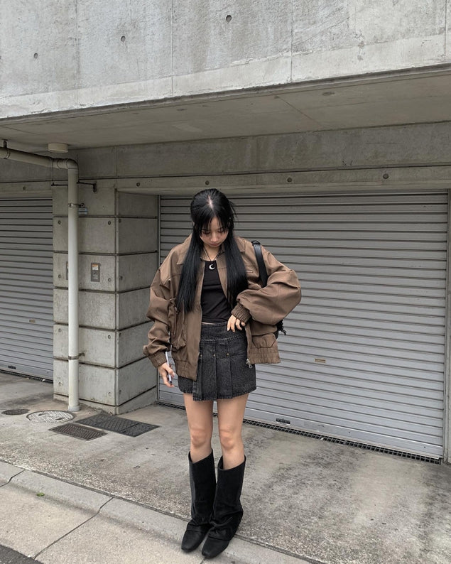 【Anyone more】Dezo Black Denim Pleated Skirt Anyone more (エニワンモア) - デゾブラックブルーデニム