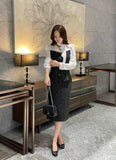 Benilla Color Matching Tweed Tie Blouse