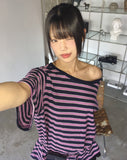 Mats Stripe One Off Shoulder Overfit Short Sleeve T-Shirt