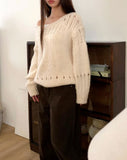 Lenu Punching Round Loose Fit Long Sleeve Long Knit