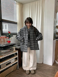 [unisex] Kiteri Fleece Check Hood Half Coat