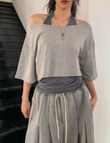 Mio pinstripe off-shoulder layered set