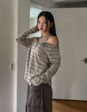 Dien Button Stripe Boat Neck Long Sleeve