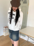 Online Y2K lettering semi crop long sleeve hooded T-shirt