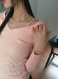 Atter strap deep V-neck slim ribbed crop long sleeve knit