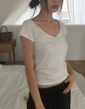 Ivey Floral Shirring V-Neck Short Sleeve T-Shirt