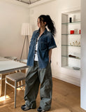 Ruff unbalanced pocket denim short sleeve shirt