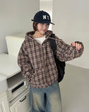 [unisex] Denkoku check fleece two-way hood zip-up