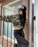 E-Ring Military Camo Pocket Crop Long Sleeve Hooded Zip-Up