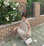 Linen Sleeveless Banding Long Wide Two-Piece Set Vacation Look Summer Outfit