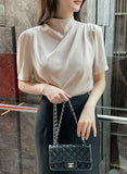 Azrin Half-Neck Drape Short Sleeve T-blouse