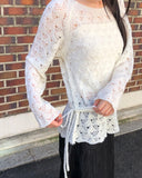Ui punching ribbon strap round neck see-through long-sleeved knit