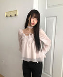 [Muffler Set] Hassen Ribbon Halterneck Puff Blouse Set