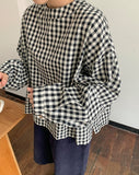 Enchoi Check Button Round Blouse