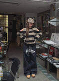 lettering denim wide banding pants