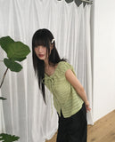 Linda Check Pintuck Ribbon Frill Blouse