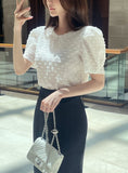 Bullet-Dot Wrinkle Jacquard Puff Sleeve Tee-Blouse