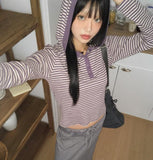 Pao Stripe Snap Button Color Matching Long Sleeve Hooded T-Shirt