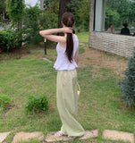 Frill Stripe Vacation Look Summer Wide Banding Pants