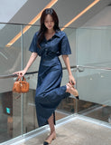 Inkaru denim collar shirt belt H-line skirt set