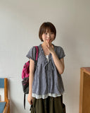 Qubin Layered Check Frill Short Sleeve Blouse